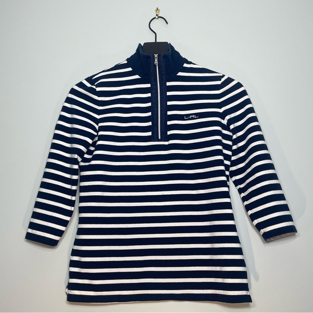 L-RL LAUREN ACTIVE Womens Navy BLue White Striped 1/4 Zip Top Stretch Size Small
